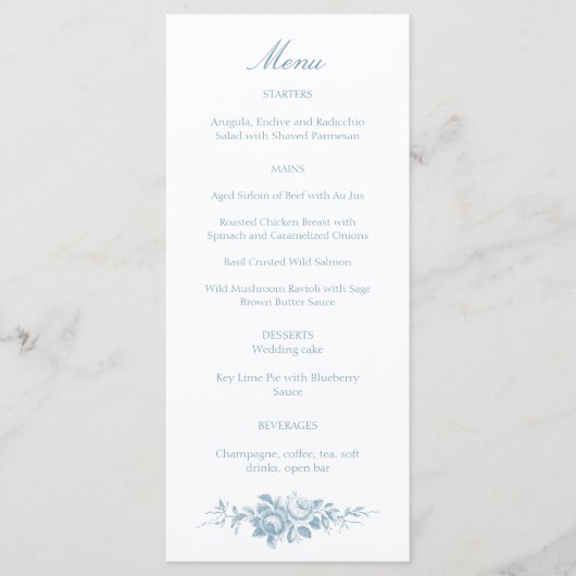 Klassiek Elegant Blauw en Wit Bloementoilet Menu (Voorkant)