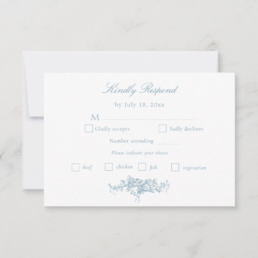 Klassiek Elegant Blauw en Wit Bloementoilet RSVP Kaartje (Voorkant)