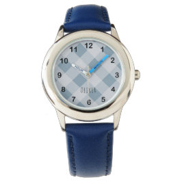 Klassiek Elegant Blauw Gingham Plaid & Aangepaste  Horloge
