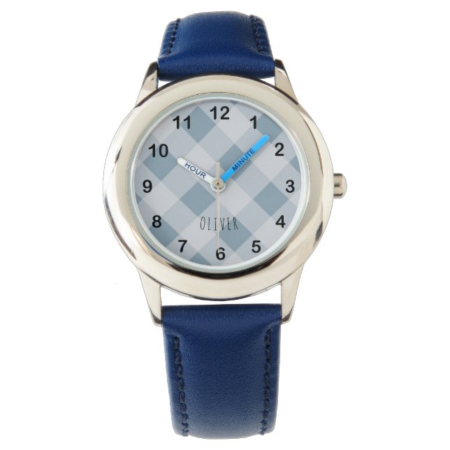Klassiek Elegant Blauw Gingham Plaid & Aangepaste  Horloge (Voorkant)