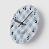 Klassiek Elegant Blauw Gingham Plaid & Aangepaste  Ronde Klok (Hoek)