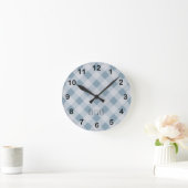 Klassiek Elegant Blauw Gingham Plaid & Aangepaste  Ronde Klok (Huis)