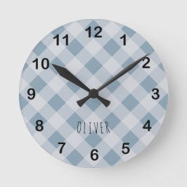 Klassiek Elegant Blauw Gingham Plaid & Aangepaste  Ronde Klok