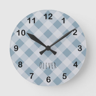 Klassiek Elegant Blauw Gingham Plaid & Aangepaste Ronde Klok