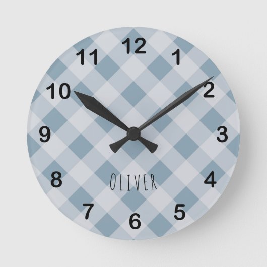 Klassiek Elegant Blauw Gingham Plaid & Aangepaste  Ronde Klok (Voorkant)