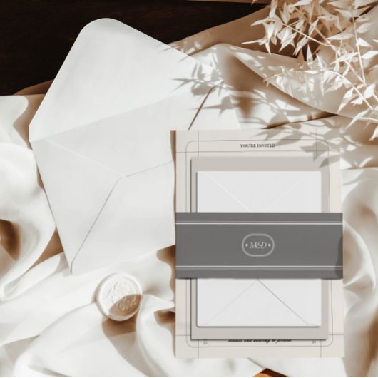 Klassiek Elegant Chic Grijs Bruiloft Monogram Uitnodigingen Wikkel