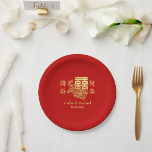 Klassiek elegant Chinees trouwlogo bloemrijk rood Papieren Bordje