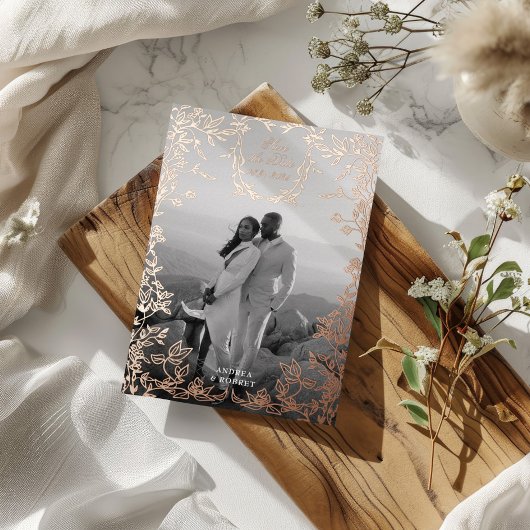 Klassiek Elegant Crest Save the Date Roos Gold Folie Uitnodiging