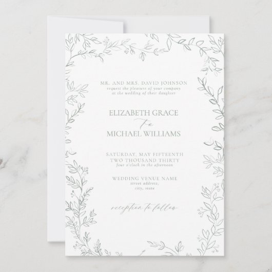 Klassiek Elegant Eenvoudig Blad Salie Groen Bruilo Kaart (Voorkant)
