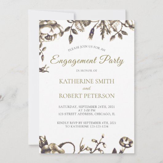 Klassiek Elegant Gold Flowers Verloving Kaart (Voorkant)