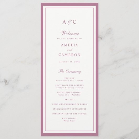 Klassiek Elegant Mauve Roos Frame Huwelijksprogram Programmakaart (Voorkant)