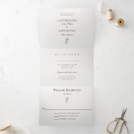 Klassiek elegant minimalistisch botanisch lef eenv drieluik uitnodiging