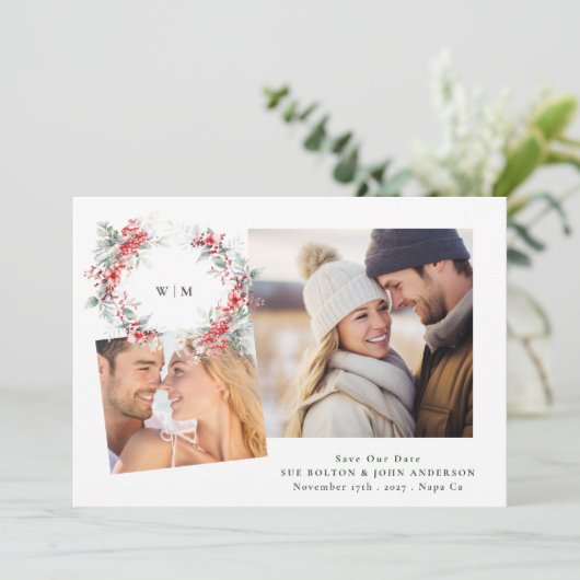 Klassiek Elegant Monogram Bladerkrans twee foto's Feestdagenkaart (Staand voorkant)