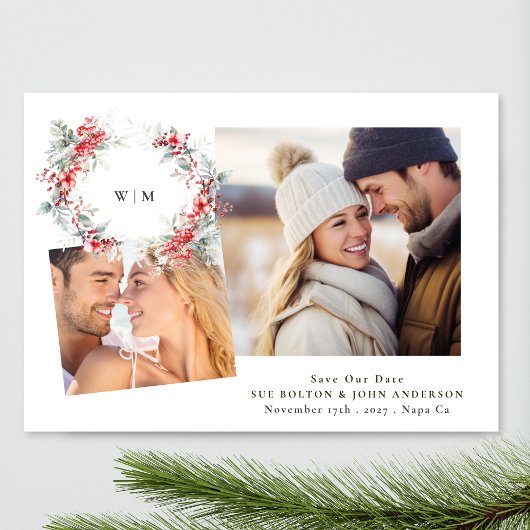 Klassiek Elegant Monogram Bladerkrans twee foto's Feestdagenkaart