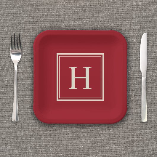Klassiek Elegant Monogram op Cranberry Red Papieren Bordje