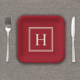 Klassiek Elegant Monogram op Cranberry Rood Papieren Bordje