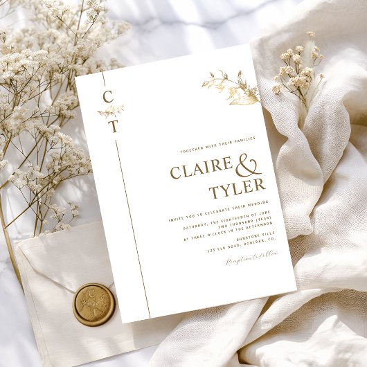 Klassiek Elegant Monogram Wit en Goud Bruiloft Kaart