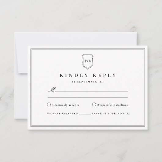 Klassiek Elegant Monogram Zwart Crest RSVP Kaartje (Voorkant)
