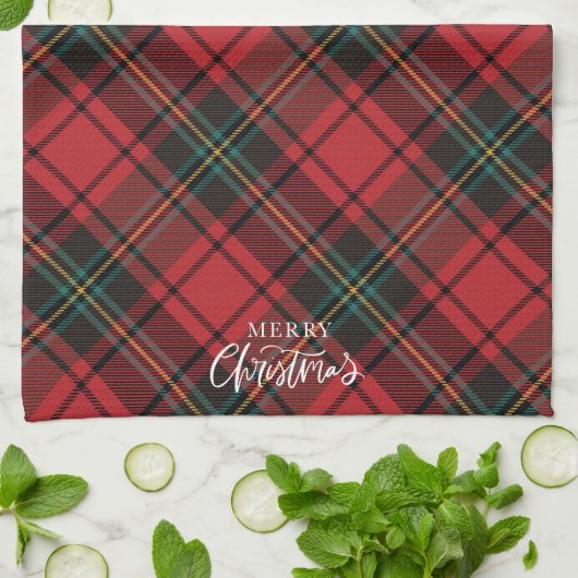 Klassiek Elegant Red Tartan Merry Christmas Script Theedoek (Gevouwen)