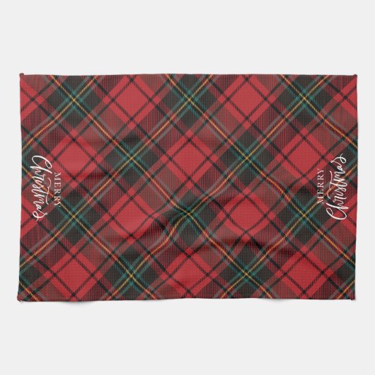 Klassiek Elegant Red Tartan Merry Christmas Script Theedoek (Horizontaal)