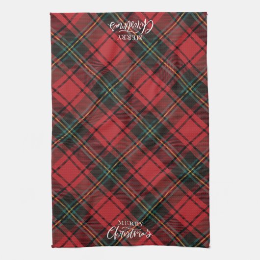 Klassiek Elegant Red Tartan Merry Christmas Script Theedoek (Verticaal)