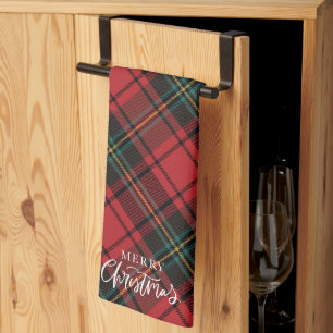 Klassiek Elegant Red Tartan Merry Christmas Script Theedoek