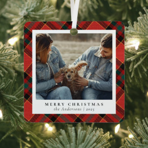 Klassiek Elegant Rood & Groen Kerstpaar Foto Metalen Ornament