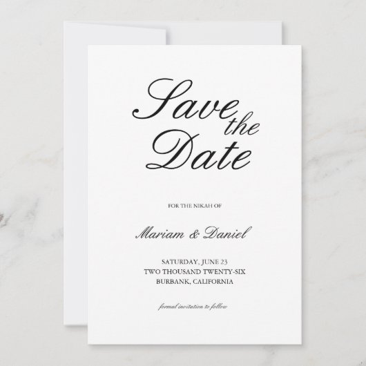 Klassiek Elegant Script Zwart Wit Islamitische bru Save The Date (Voorkant)