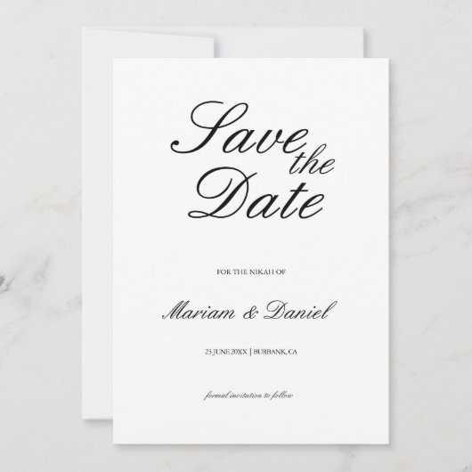Klassiek Elegant Script Zwart Wit Islamitische bru Save The Date (Voorkant)