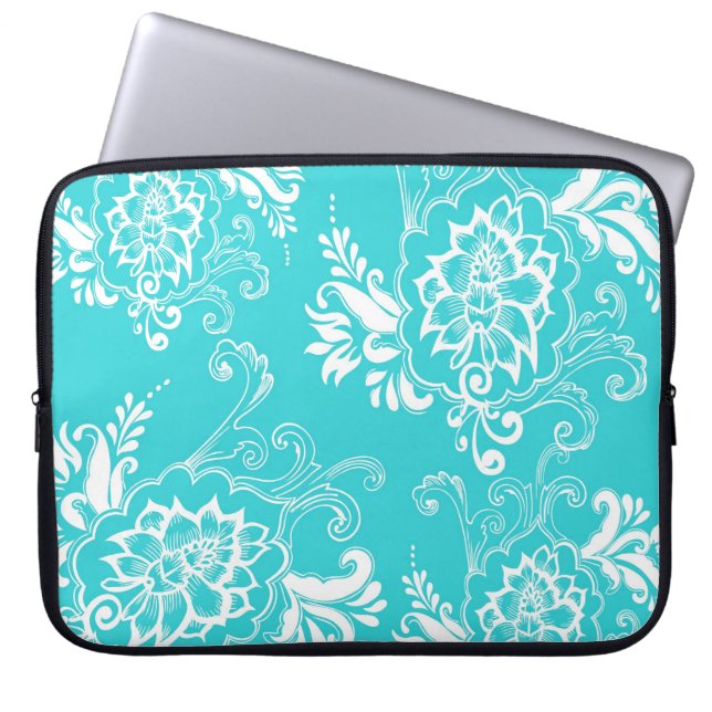 Klassiek, elegant, stijlvol. girly aqua blauw bloe laptop sleeve (Voorkant)