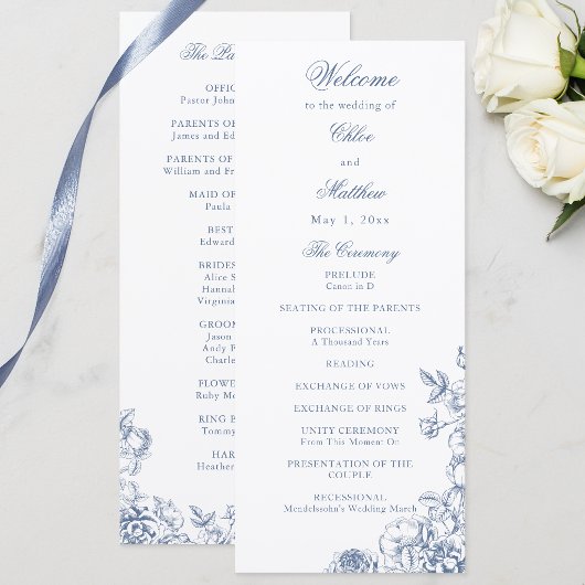 Klassiek Elegant Stofblauw Bloem Huwelijk Programmakaart