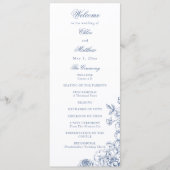 Klassiek Elegant Stofblauw Bloem Huwelijk Programmakaart (Voorkant)