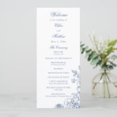 Klassiek Elegant Stofblauw Bloem Huwelijk Programmakaart (Staand voorkant)