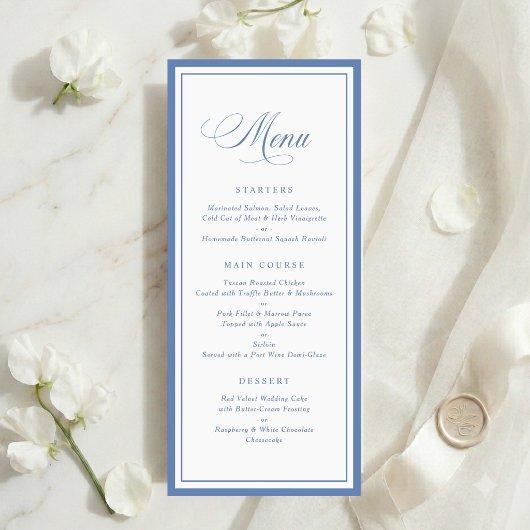 Klassiek Elegant Stofblauw Frame Trouwmenu Menu