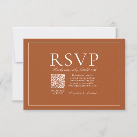 Klassiek Elegant verbrand Oranje script QR-code RSVP Kaartje (Voorkant)