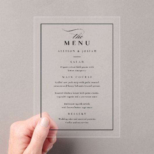 Klassiek Elegant Zwart Trouwmenu Acryl Uitnodigingen (Insitu (Draagbaar))