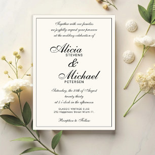 Klassiek elegante script zwart en ivoor bruiloft kaart