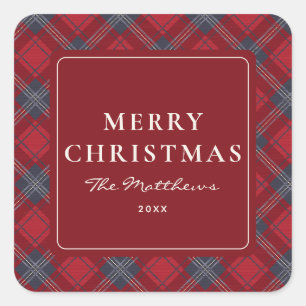 Klassiek Elege Rode Tartan Prettig Kerstfeest Vierkante Sticker