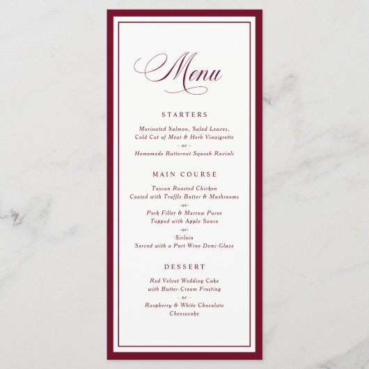 Klassiek Elegeant Burgundy Frame Huwelijksmenu Menu (Voorkant)