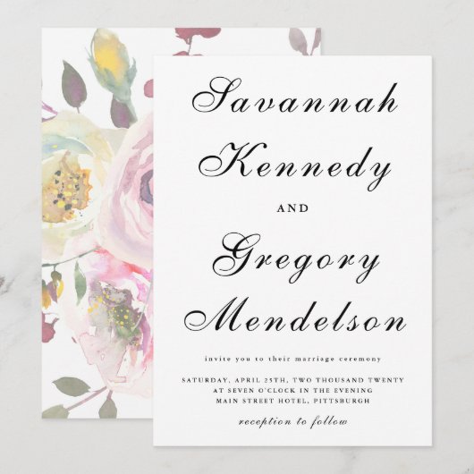 Klassiek en Elegant Script Muted Floral Wedding Kaart (Voorkant / Achterkant)
