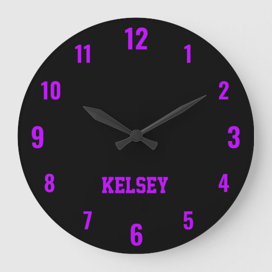 Klassiek en Elegant Zwart en Neon Paarse Naam Grote Klok (Voorkant)