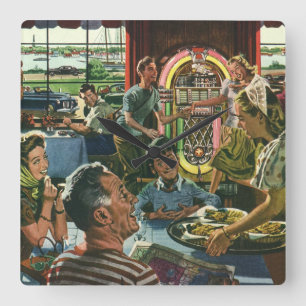 Klassiek familiediner in een diner met een jukebox vierkante klok