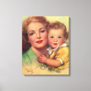 Klassiek familieportret van moeder en kind canvas afdruk