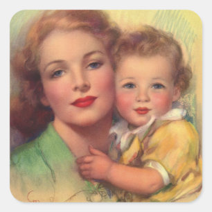 Klassiek familieportret van moeder en kind vierkante sticker