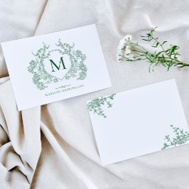 Klassiek  Forest Green Floral Crest Monogram Notitiekaartje