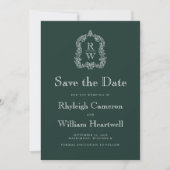 Klassiek Forest Green Monogram Crest Script Save The Date (Voorkant)