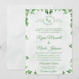 Klassiek formeel bloemmotief groen monogram trouwe kaart