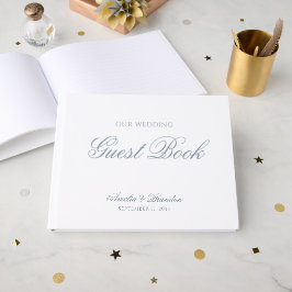 Klassiek formeel stoffig blauw schrift & witte tro gastenboek