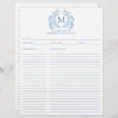 Klassiek Frans Blauw Bloemen Crest Monogram Recept (Voorkant / Achterkant)