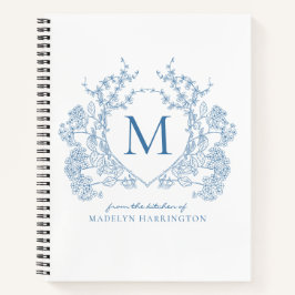 Klassiek Frans Blauw Bloemen Crest Monogram Recept Notitieboek